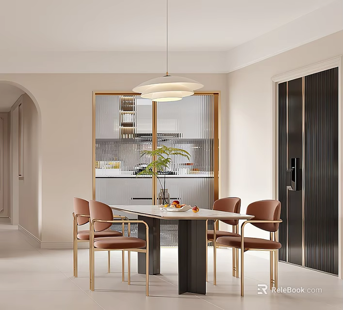 Elegant Restaurant Interior With Dining Table Golden Chairs And Pendant Light 3d model