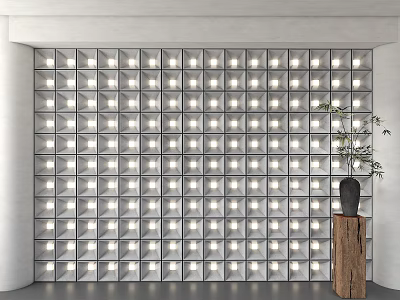 Luminous Grid Background Wall with Illuminated Squares Wooden Pedestal Black Vase and Green Plant 3d model