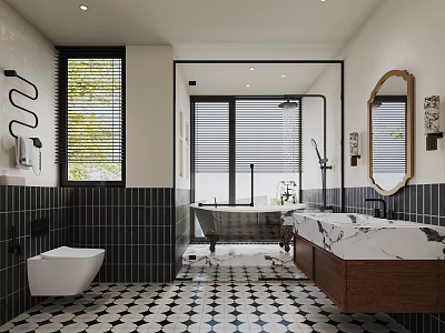 Modern Bathroom Interior Design With Black And White Mosaic Floor Bathtub And Marble Vanity 3d model