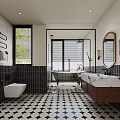 Modern Bathroom Interior Design With Black And White Mosaic Floor Bathtub And Marble Vanity