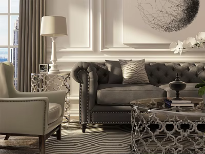 Elegant Tufted Gray Sofa And Ornate Metallic Coffee Table Set With Decorative Pillows 3d model