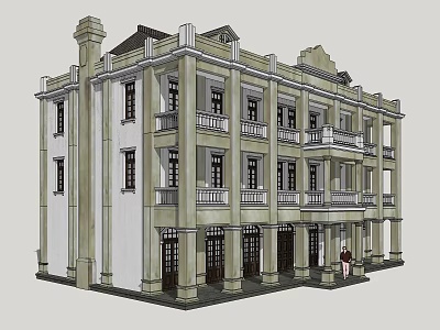 Traditional Style Commercial Complex With Multi Storey Design Balconies and Columns 3d model