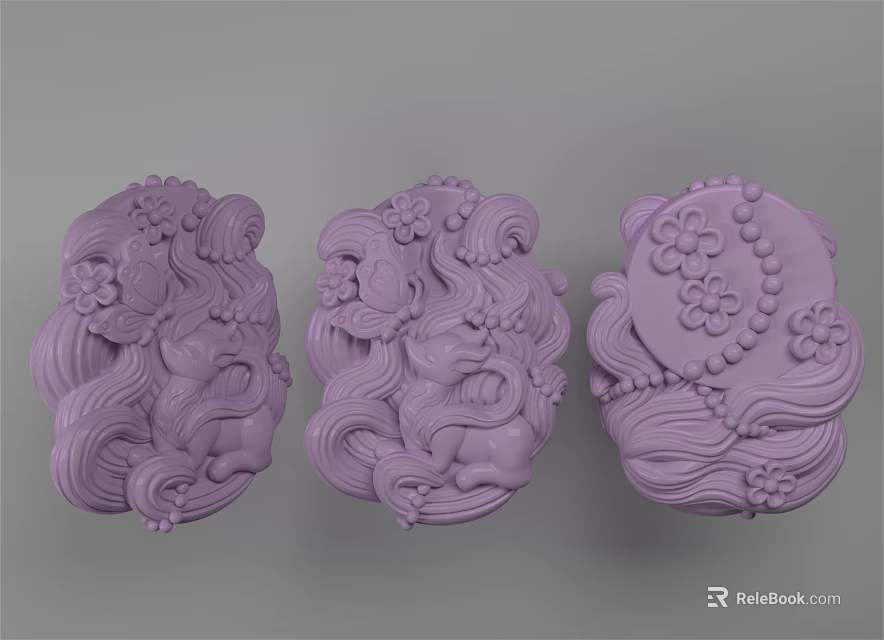 Three Intricate Purple Carved Sculptures With Floral Patterns And Wavy Designs 3d model 
