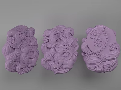 Three Intricate Purple Carved Sculptures With Floral Patterns And Wavy Designs 3d model