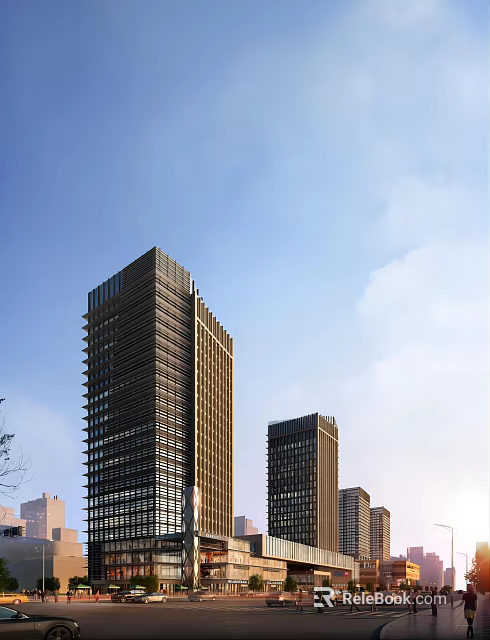 Modern Twin High Rise Office Buildings With Glass Facade And Blue Sky 3d model 