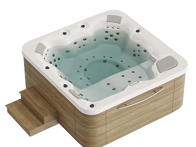 Modern Square Bathtub With Wooden Frame Steps And Light Blue Water Massage Jets 3d model