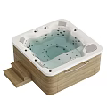 Modern Square Bathtub With Wooden Frame Steps And Light Blue Water Massage Jets