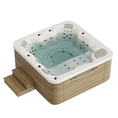 Modern Square Bathtub With Wooden Frame Steps And Light Blue Water Massage Jets 3d model