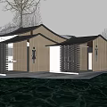 Modern Wooden Building With Wavy Roof By Water And Trees