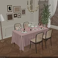 Elegant Dining Table Set With Pink Tablecloth Wicker Chairs Chandelier And Potted Plant