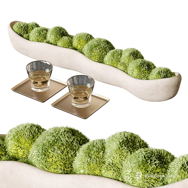 Green Round Bonsai Potted Plants in White Long Container with Glass Cups on Coasters 3d model 