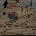 Cartoon Construction Site Scene With Workers In Safety Helmets And Reflective Vests