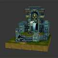 Cartoon Ancient Temple Entrance Scene With Blue Stone Structure Glowing Portal And Green Grass
