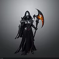 Hooded Armored Woman Holding Flaming Scythe In Dark Mystical Attire