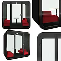 Small Private Lounge Space With Red Upholstered Casual Sofa Set And Transparent Glass Door
