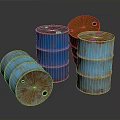 Rusty Metal Drums in Blue Red with Upright Tilted Rusted Surfaces 3d model