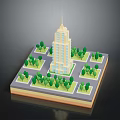 Tall Modern Building With Spire And Green Trees On Square Platform Base 3d model