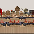 Supermarket Grocery Display With Fresh Eggs Woven Baskets And Red Shopping Bags