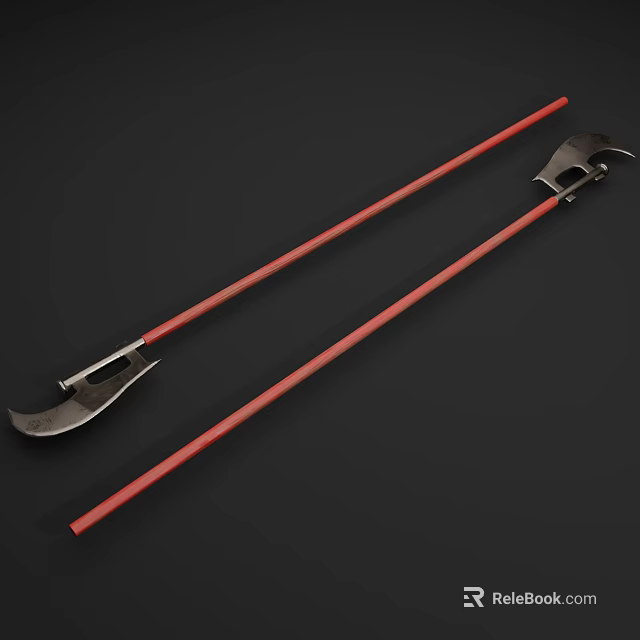 Two Ancient Long Handle Red Shaft Metal Blade Weapons Design 3d model 