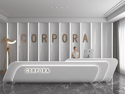 Modern Store Front Desk Interior With White Vertical Strip Wall Marble Floor And Female Staff 3d model