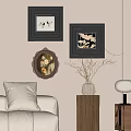 Stylish Living Space With Framed Wall Art Beige Sofa Wooden Stand Vase And Table Lamp