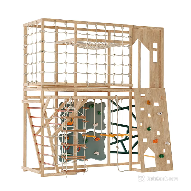 Wooden Playground Equipment With Climbing Net Rock Wall And Ladders 3d model 