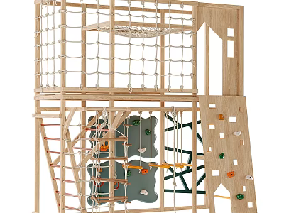 Wooden Playground Equipment With Climbing Net Rock Wall And Ladders 3d model