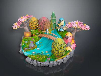 Circular Miniature Landscape Architecture With Small Bridge Blue Stream Colorful Trees And Stone Edges 3d model