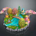 Circular Miniature Landscape Architecture With Small Bridge Blue Stream Colorful Trees And Stone Edges