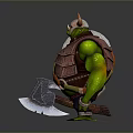 Detailed Green Skinned Horned Armored Fantasy Character Holding Battle Axe