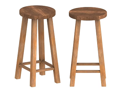Two Wooden Bar Stools Featuring Round Seat And Four Solid Wood Legs 3d model
