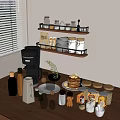 Golden Wall Mounted Shelves With Spice Jars Bread Box And Stacked Dishes In Kitchen