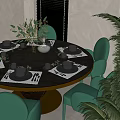 Round Wooden Dining Table Set With Green Chairs And Stylish Tableware Decor