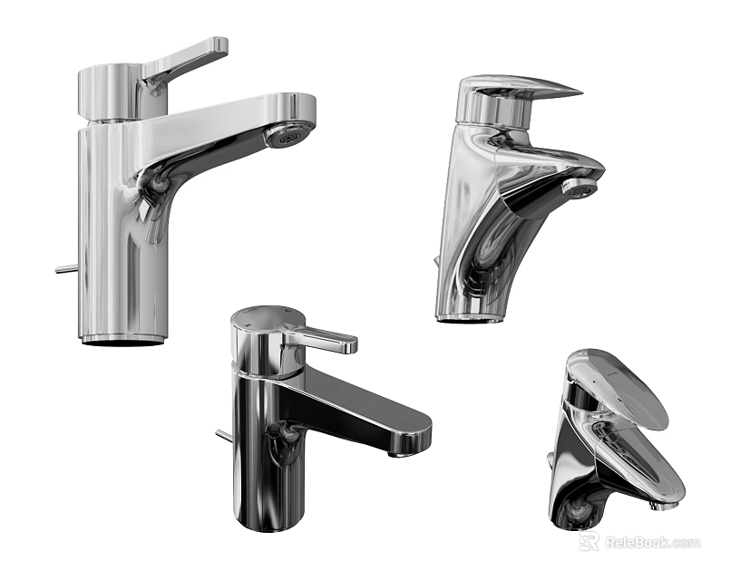 Four Modern Chrome Finished Faucets with Different Designs for Bathroom and Kitchen Sinks 3d model 