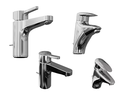 Four Modern Chrome Finished Faucets with Different Designs for Bathroom and Kitchen Sinks 3d model