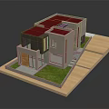 Modern Detached Villa With Red Roof Gray Walls Orange Door Green Lawn And Wooden Platform