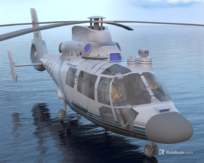 White Civilian Helicopter With Rotors Clear Windows Over Calm Water Surface 3d model 