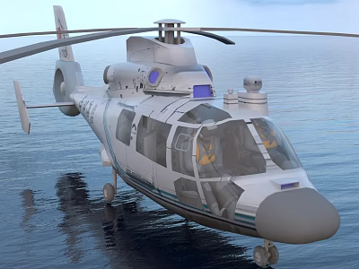 White Civilian Helicopter With Rotors Clear Windows Over Calm Water Surface 3d model
