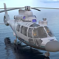White Civilian Helicopter With Rotors Clear Windows Over Calm Water Surface