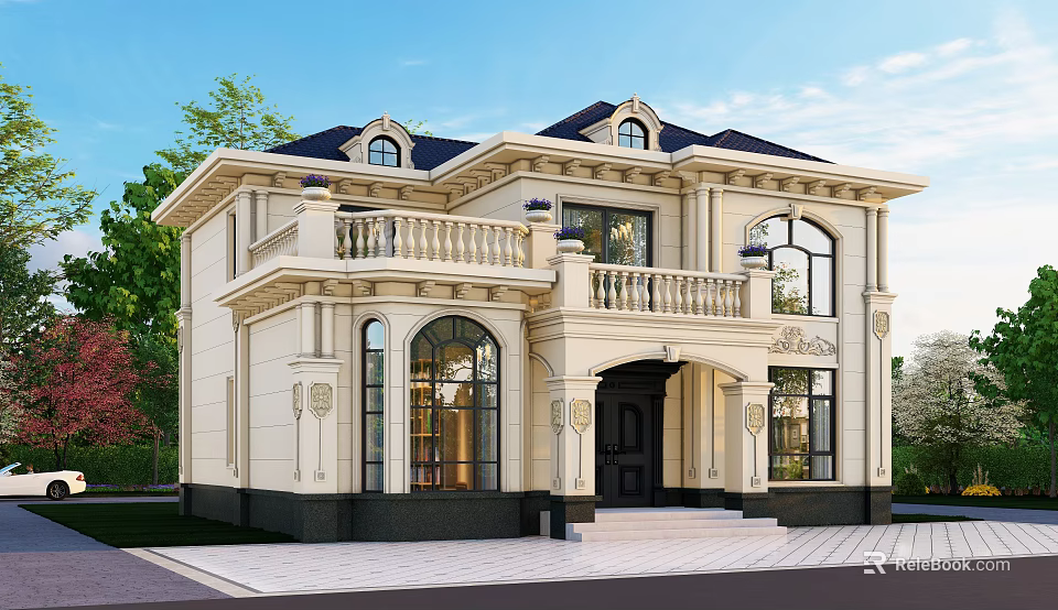 Classical Style Detached Villa Exterior Design With Balcony Arched Windows And Front Steps 3d model 