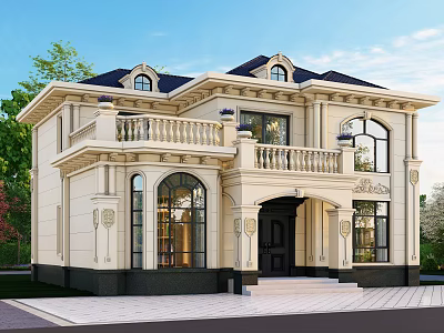 Classical Style Detached Villa Exterior Design With Balcony Arched Windows And Front Steps 3d model
