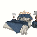 Elegant Carved Headboard Double Bed With Blue Quilt White Sheets And Bedside Table Lamps