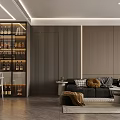 Modern Dining and Living Room Interior With Glass Wine Cabinet Sofa And Linear Lighting 3d model