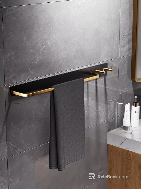 Bathroom Interior with Marble Wall Black Gold Towel Rack Gray Towel and Toiletries 3d model 