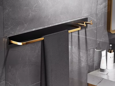 Bathroom Interior with Marble Wall Black Gold Towel Rack Gray Towel and Toiletries 3d model