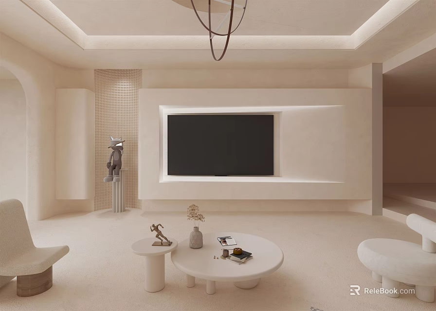 Modern Minimalist Living Room Interior With TV Wall Round Coffee Table Chandelier And Decorative Accents 3d model 