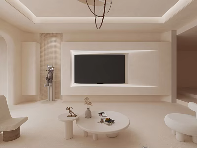 Modern Minimalist Living Room Interior With TV Wall Round Coffee Table Chandelier And Decorative Accents 3d model