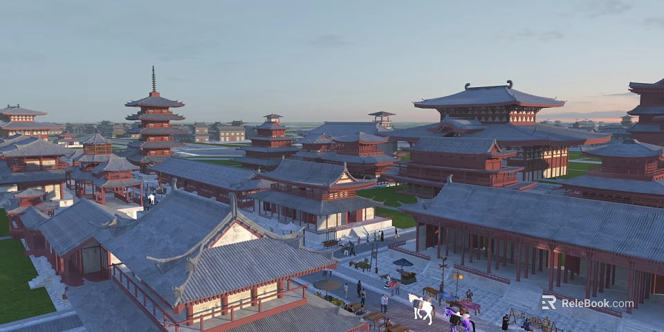 Ancient Chinese Architecture With Multi tiered Pagodas Curved Eaves And Historic Plaza 3d model 