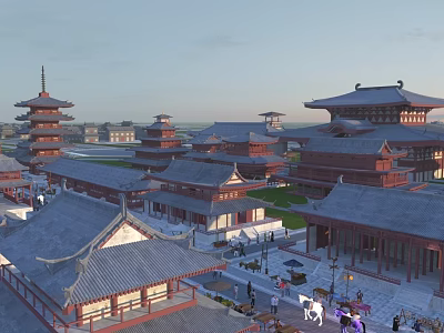 Ancient Chinese Architecture With Multi tiered Pagodas Curved Eaves And Historic Plaza 3d model