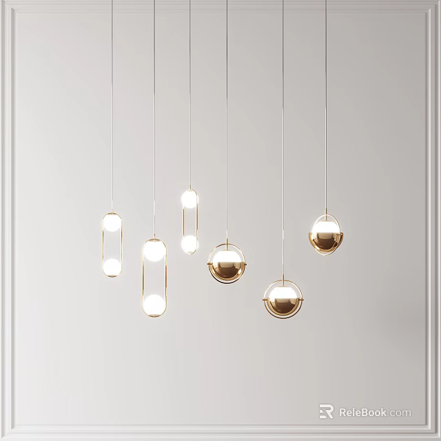Modern Luxury Kitchen With Stylish Gold Spherical Hanging Pendant Lights 3d model 